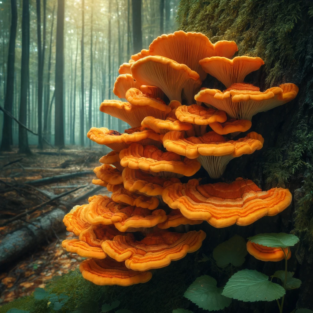 Lush Chicken of the Woods mushrooms flourishing on a tree trunk in a misty forest.