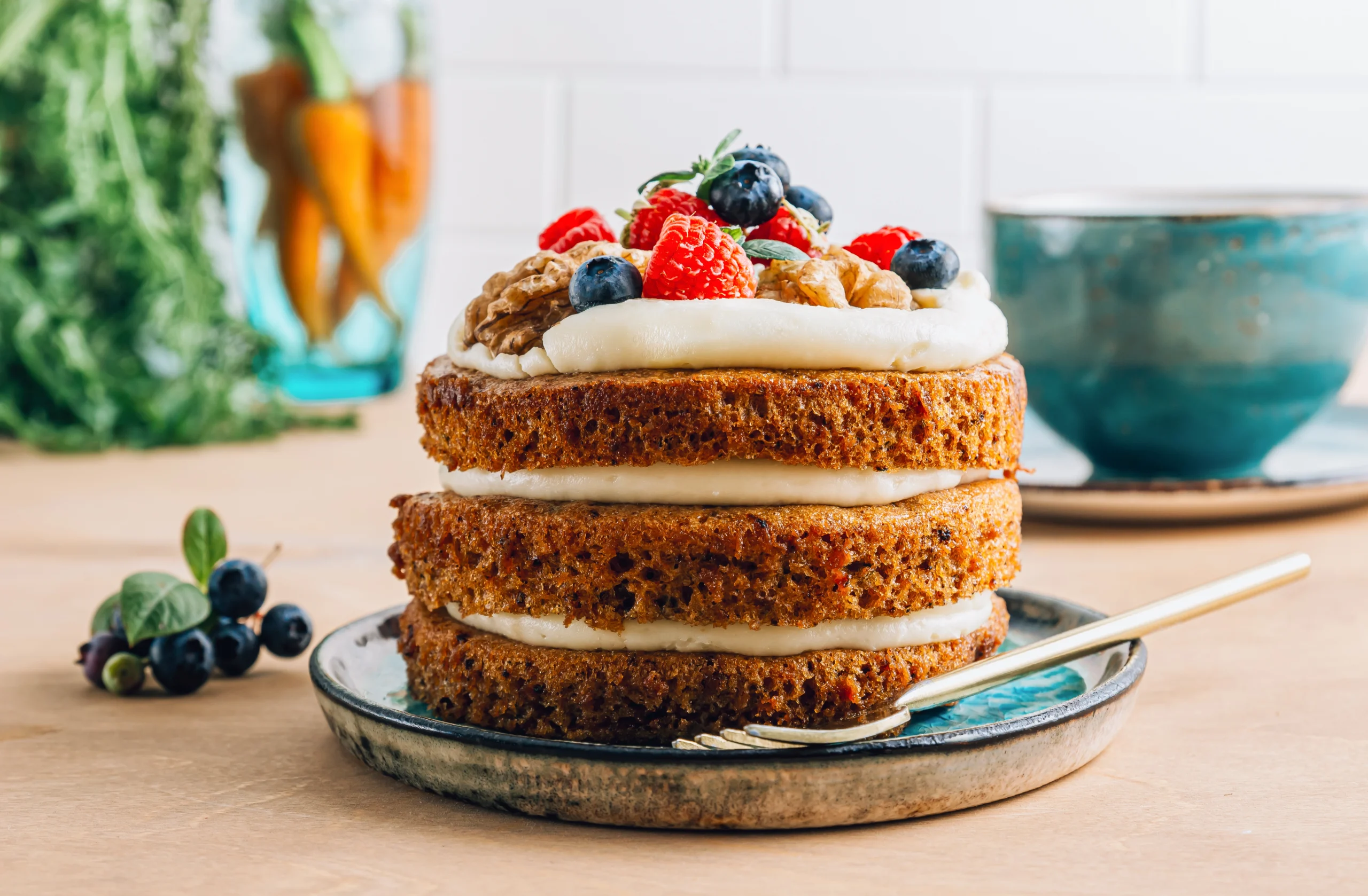 A beautifully presented fricassee cake adorned with garnishes on a serving plate.